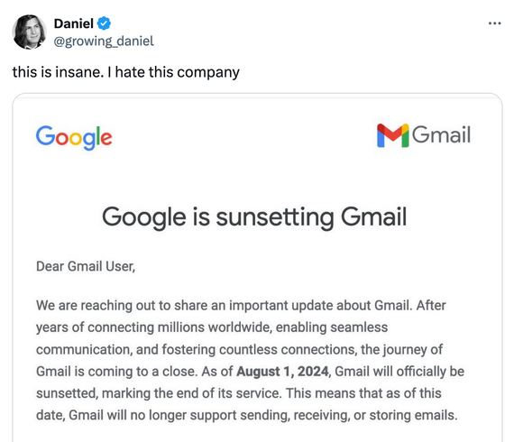 Thông báo giả mạo lan truyền trên X về việc Google đóng cửa dịch vụ Gmail. Ảnh chụp màn hình