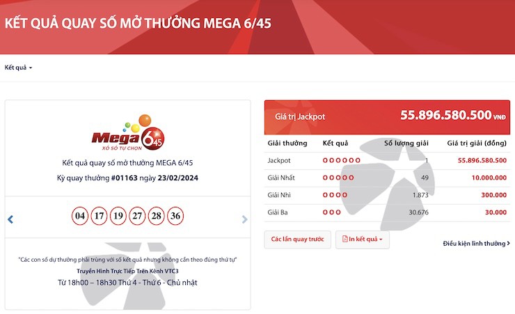 Kết quả kỳ quay&nbsp;#001163 của sản phẩm xổ số điện toán Mega 6/45 tại Việt Nam.