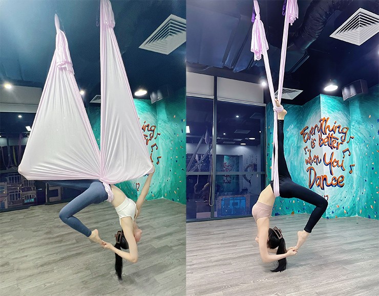 Với nền tảng và kiến thức tốt, Trà My có nhiều động tác kỹ thuật khó với yoga bay. Những động tác đảo ngược cơ thể, xoạc chân…được cô được hiện khá dễ dàng.