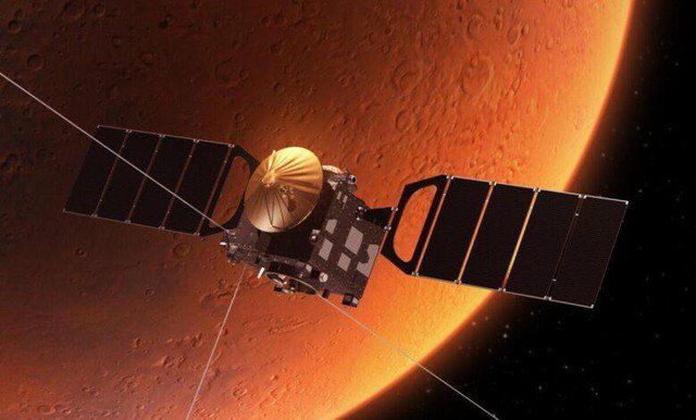 Sao Hỏa với tàu Mangalyaan làm tiền cảnh. Thế hệ tiếp theo của nó sẽ là tàu đổ bộ kèm trực thăng - Ảnh: SPACE