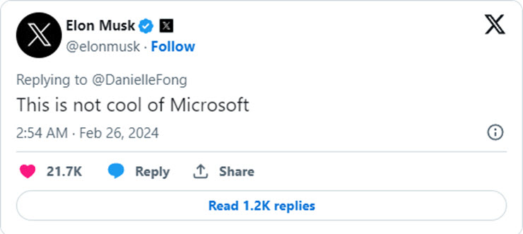 Ông Musk tỏ ra không hài lòng với yêu cầu có MSA của Microsoft.