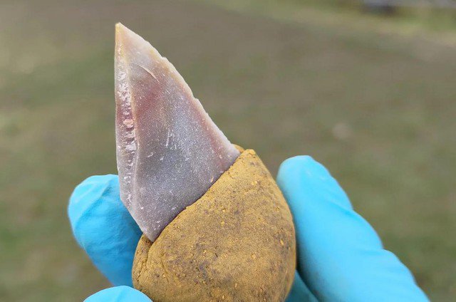 Một lưỡi dao đá được gắn chặt vào phần tay cầm bằng loại keo dán nhựa đường - đất son bền chắc qua hàng chục ngàn năm - Ảnh: Patrick Schmidt