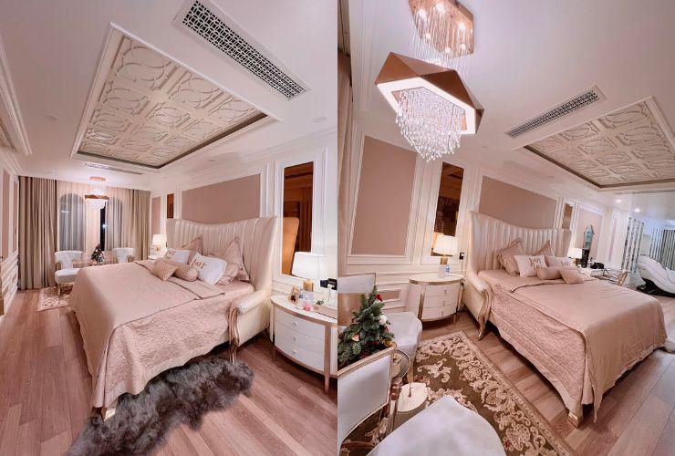 Phòng ngủ rộng lớn của chủ nhân căn biệt thự, được phủ thêm một số nội thất màu hồng pastel và nâu, giúp tăng thêm cảm giác ấm cúng.