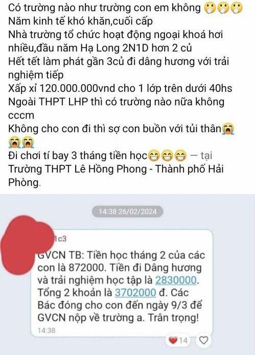 Một phụ huynh Trường THPT Lê Hồng Phong bức xúc đăng lên mạng xã hội.