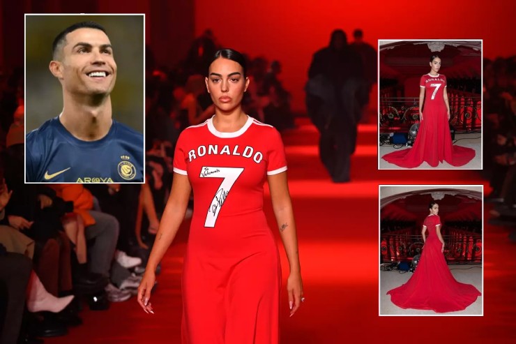 Georgina Rodriguez nổi bật ở Tuần lễ thời trang Paris với bộ váy lấy cảm hứng từ áo đấu MU