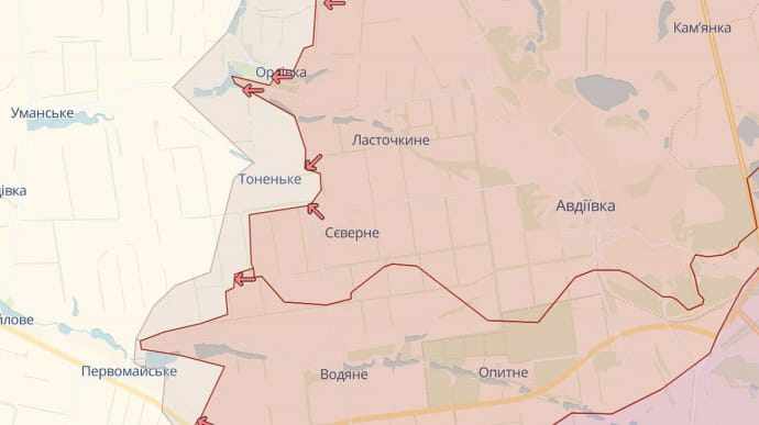 Nga đang trên đà tiến công ở phía tây và tây bắc Avdiivka&nbsp;(vùng màu đỏ do Nga kiểm soát).
