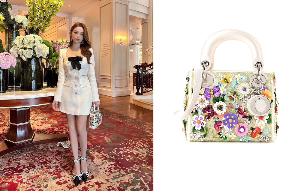 Người đẹp gốc Hà Nội kết hợp túi xách Lady Dior White And Multicolor Flower Embellished Mini (giá khoảng 5.000 USD) cùng set váy áo màu trắng, mang phong cách 