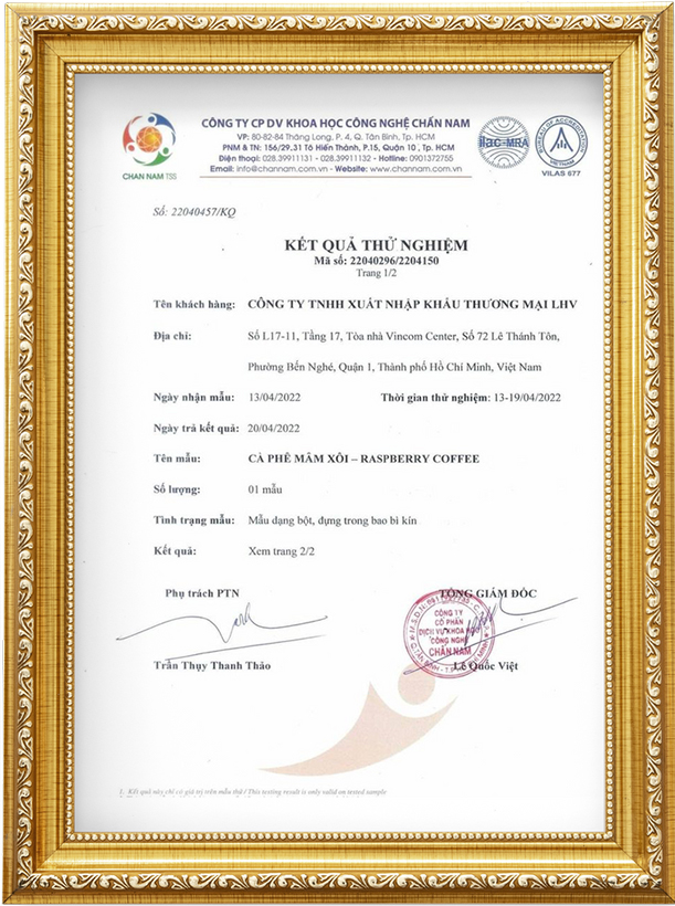 Kết quả thử nghiệm của sản phẩm Cà Phê Mâm Xôi