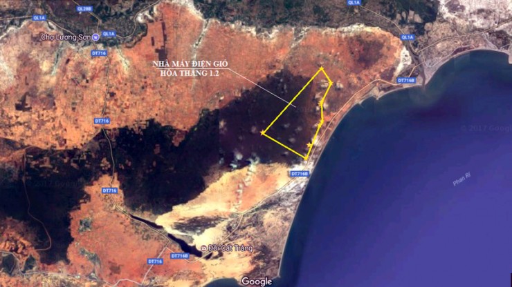 Vị trí dự án Nhà máy điện gió Hòa Thắng 1.2. Ảnh GOOGLE MAP.