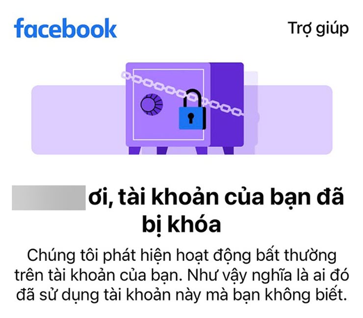 Thông báo tài khoản Facebook bị khóa sau sự cố.
