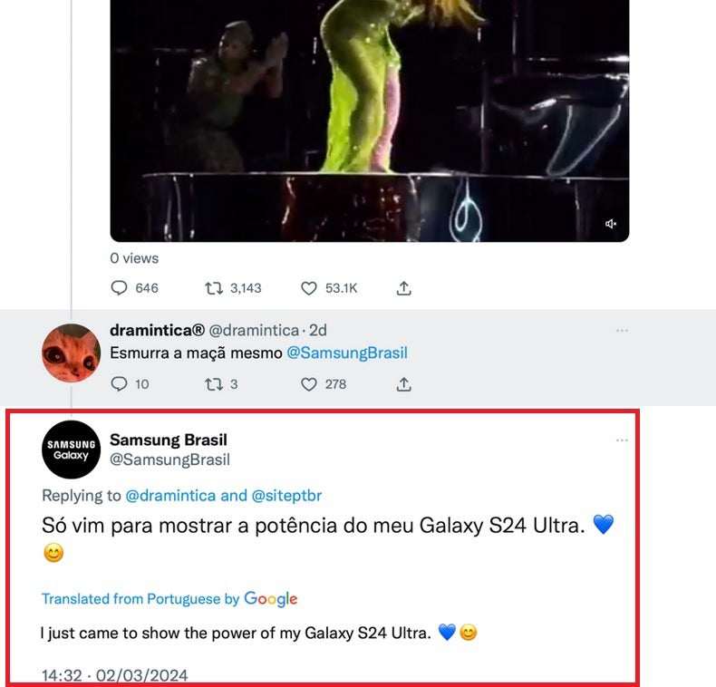 Samsung&nbsp;Brazil&nbsp;đã có bình luận "nhận vơ" trên mạng xã hội X.