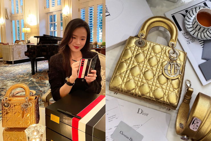 Một lần đi mua sắm khác, Midu chọn diện chiếc túi Lady Dior&nbsp;Metallic Gold Cannage có giá khoảng 128 triệu đồng. Mẫu túi của nhà mốt Pháp nổi bật với màu vàng ánh kim, họa tiết quả trám đặc trưng.