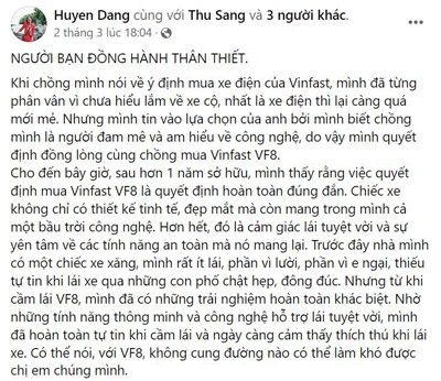 Chị Huyền Đặng gọi chiếc VF 8 của mình là người bạn đồng hành thân thiết. (Nguồn: Facebook Huyen Dang).