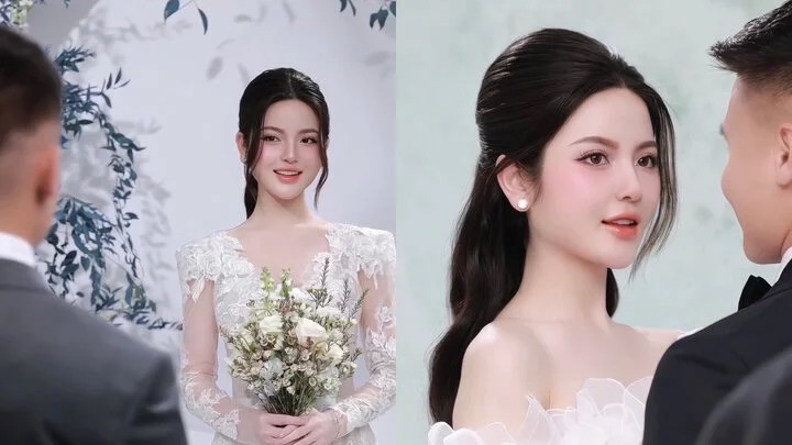 Chu Thanh Huyền khoe nhan sắc như búp bê trong clip thử áo cưới.