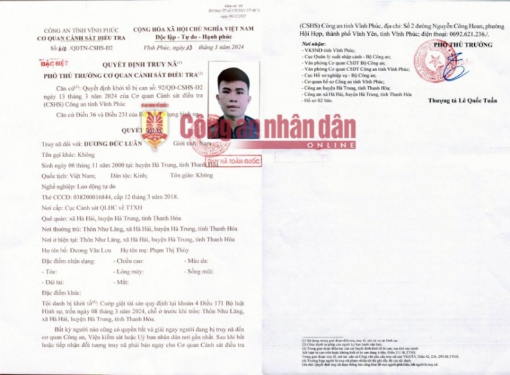 Quyết định truy nã Dương Đức Luân của Cơ quan CSĐT Công an tỉnh Vĩnh Phúc.
