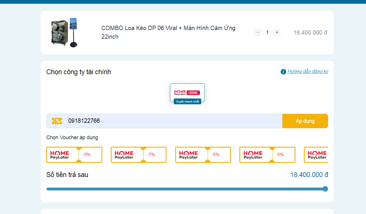 Vay trả góp mua loa kéo tại Điện Máy 369 còn nhận ưu đãi hấp dẫn khi nhập số điện thoại.