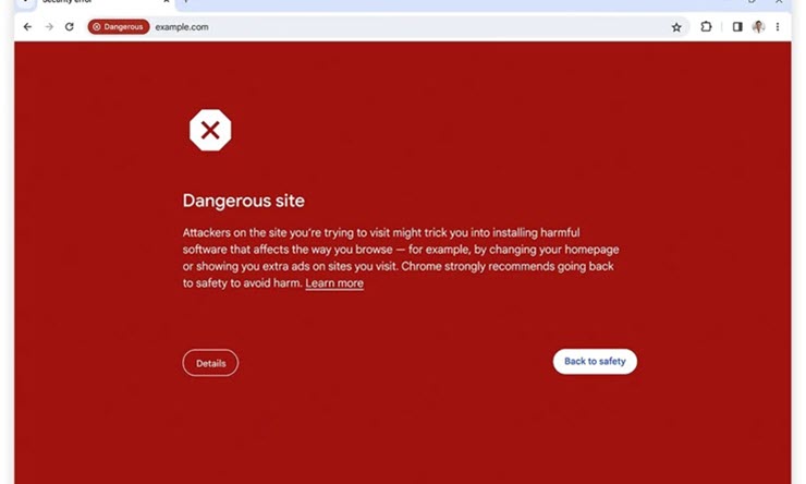 Màn hình cảnh báo của Chrome khi phát hiện trang web độc hại.