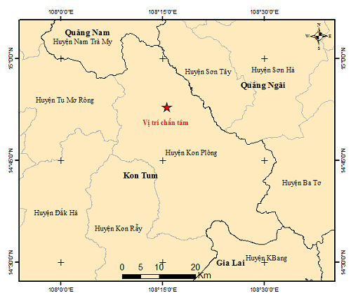 Bản đồ chấn tâm động đất lúc 9 giờ 45 phút sáng nay ở Kon Plong (Kon Tum). Ảnh: VAST