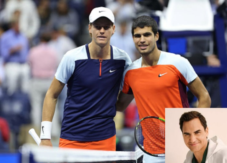 Federer (góc phải) tin rằng, để trở thành nhà vô địch tuyệt đối, 2 tay vợt Sinner, Alcaraz cần phải hạ được đối thủ hay nhất trên chính mặt sân sở trường của họ
