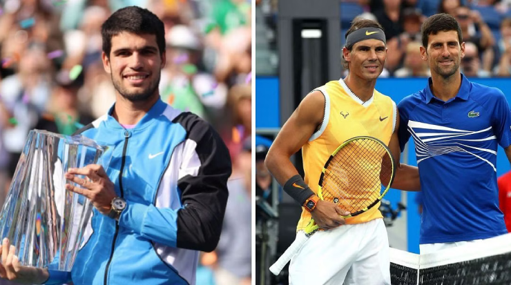 Nadal (áo vàng) gửi lời chúc mừng tới Alcaraz (trái) sau chức vô địch Indian Wells 2024
