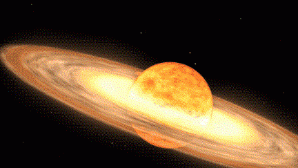 Một ngôi sao màu vàng sáng đang di chuyển về phía bên phải màn hình với một đĩa vật chất xung quanh. Một luồng khí trắng thổi lên về phía bên trái của đĩa. (Ảnh: Trung tâm bay không gian Goddard của NASA)