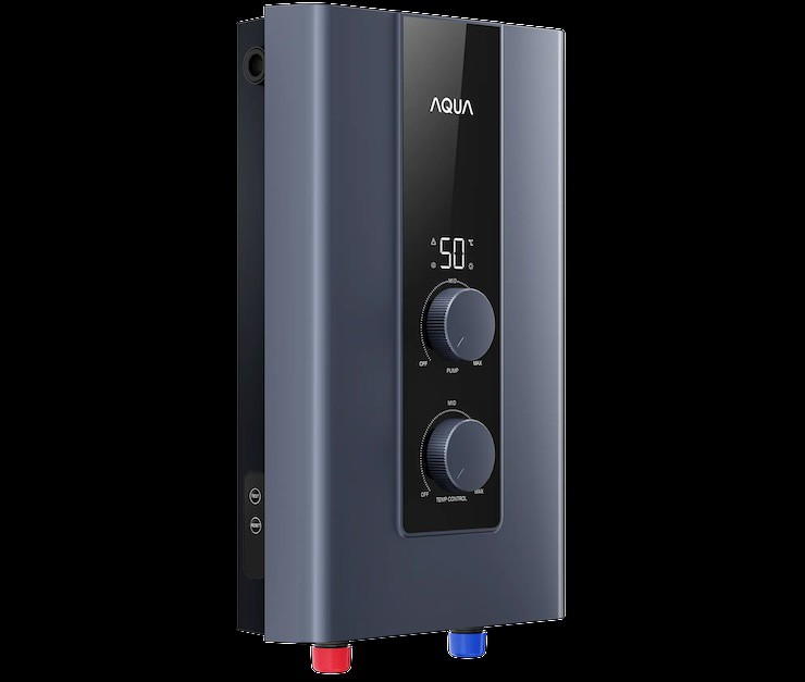 Máy nước nóng trực tiếp Aqua AEI45E-FP3CB&nbsp;kèm cây sen đứng 5 chế độ phun và điều chỉnh nhiệt độ vô cấp.