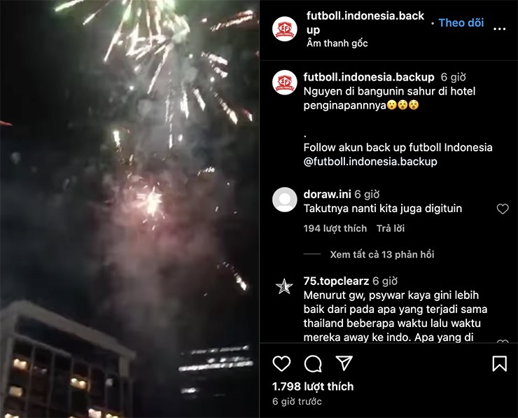 Cổ động viên Indonesia đốt pháo hoa ở khách sạn có ĐT Việt Nam lúc 3h sáng.