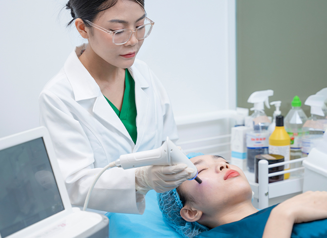 Bác sĩ Kha Anh đang điều trị bằng đầu máy Bellasonic 2X