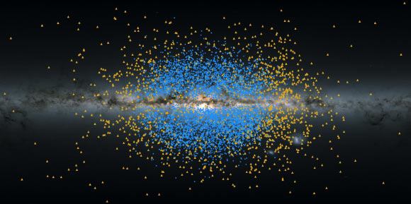 Hai dòng sao cổ đại Shakti và Shiva được đánh dấu bằng màu xanh trong hình ảnh chụp đĩa chính của thiên hà chứa Trái Đất - Ảnh: ESA/K. Malhan.