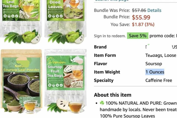 Combo lá, túi trà, bột trái mãng cầu bán trên Amazon của nhà cung cấp Việt Nam có trụ sở tại Hà Nội. Ảnh: Thi Hà