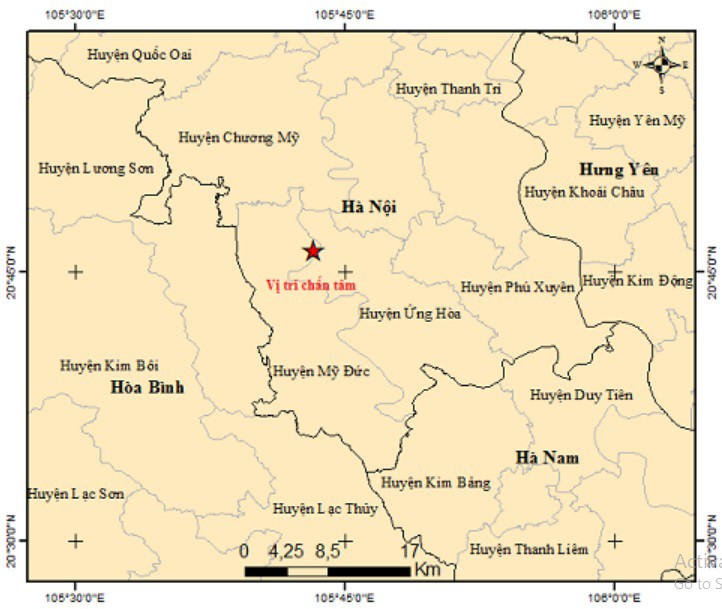 Trận động đất 4 độ richter xảy ra ở huyện Mỹ Đức (Hà Nội). Ảnh Viện vật lý địa cầu