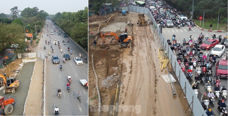 Từ chiếm dụng lòng đường mặt mét chiều rộng (ảnh phải), cuối tuần qua đơn vị thi công đã phải thu hẹp xuống còn 4 mét (ảnh trái)