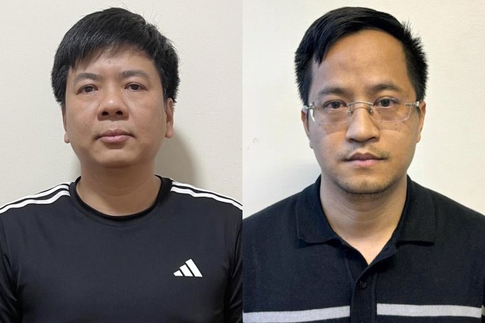 Ông Nguyễn Ngọc Thủy (trái) và Đặng Văn Hiển tại cơ quan điều tra. Ảnh: Bộ Công an