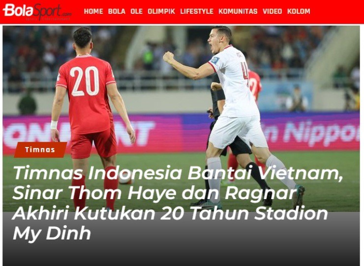 Tờ Bola Sport hả hê về chiến thắng của ĐT Indonesia trên sân ĐT Việt Nam