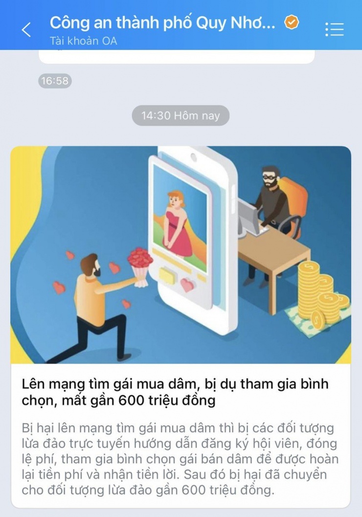 Công an TP Quy Nhơn đăng tải vụ lừa đảo để cảnh báo cho người dân. Ảnh:TD