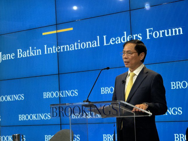 Bộ trưởng Bùi Thanh Sơn phát biểu tại Viện Brookings. (Ảnh: Mofa)
