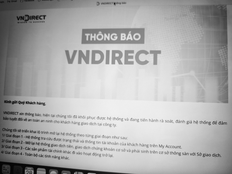 Trang chủ của VNDirect vẫn đang chỉ hiển thị thông báo về quá trình xử lý sự cố bị hack, mã hóa dữ liệu.