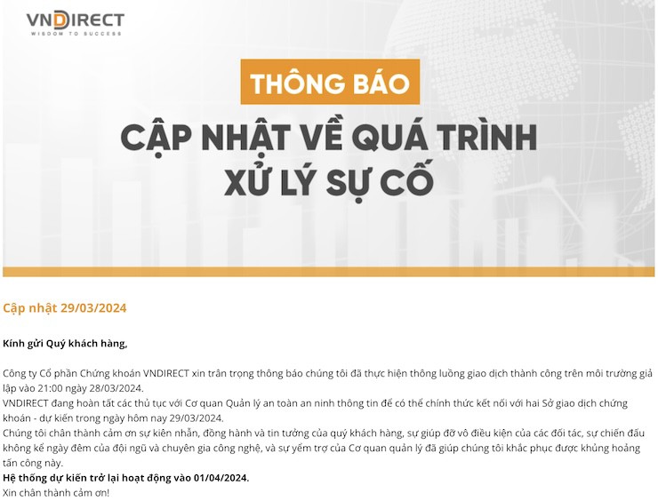 Thông báo mới của VNDirect vào sáng 29/3. (Ảnh chụp màn hình)