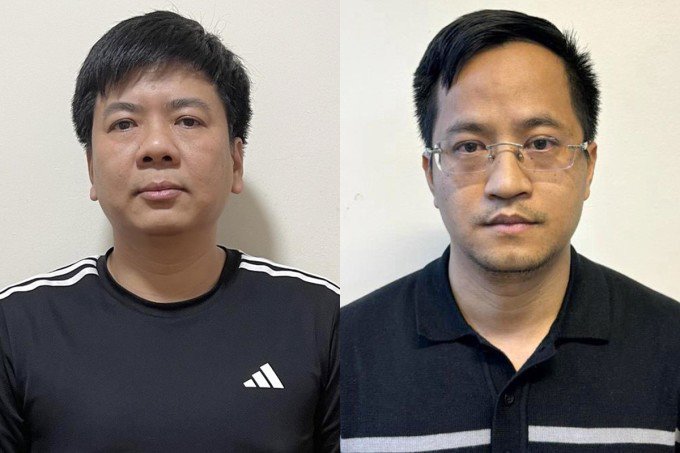 Ông Nguyễn Ngọc Thủy (trái) và Đặng Văn Hiển tại cơ quan điều tra. Ảnh: Bộ Công an