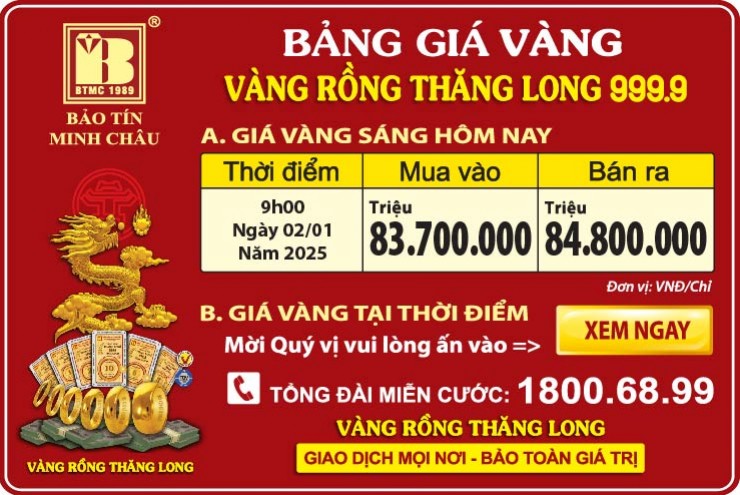 Giá Vàng Rồng Thăng Long- Bảo Tín Minh Châu ngày 02.01.2025