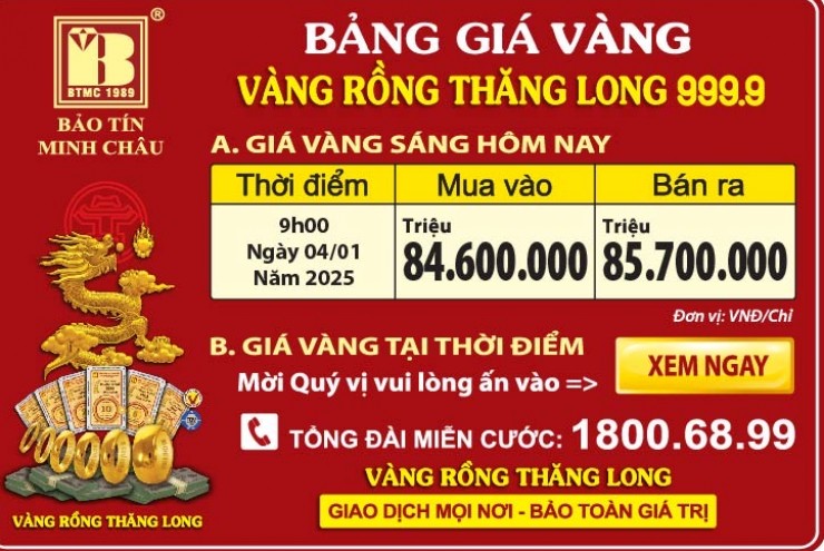 Giá Vàng Rồng Thăng Long- Bảo Tín Minh Châu ngày 04.01.2025