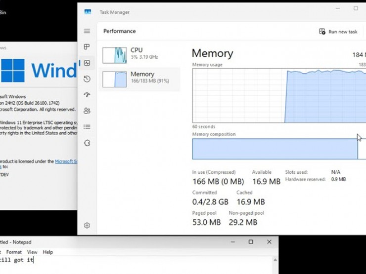 Windows 11 “siêu nhẹ“: Chỉ 184MB RAM cũng đủ chạy