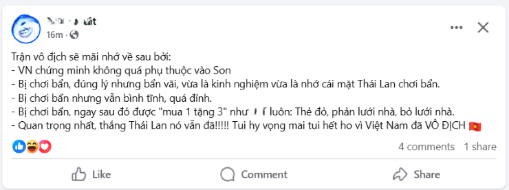 Fan hâm mộ bày tỏ suy nghĩ về một chiến thắng thuyết phục của ĐT Việt Nam.