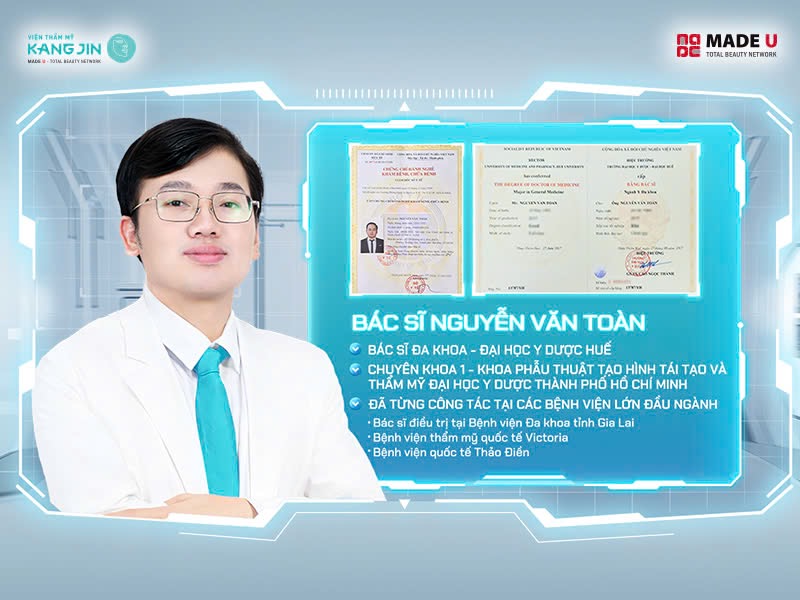 Bác sĩ Nguyễn Văn Toàn tốt nghiệp Bác sĩ Y Đa khoa tại Đại học Y Dược Huế và chuyên khoa 1 Phẫu Thuật Tạo Hình Tái Tạo và Thẩm Mỹ tại Đại học Y Dược TP.HCM, cấp bậc cao trong đào tạo bác sĩ nước ta hiện nay. Với trình độ chuyên môn vững vàng, bác sĩ Toàn đã được nhiều bệnh viện và thẩm mỹ viện quốc tế lớn mời hợp tác.