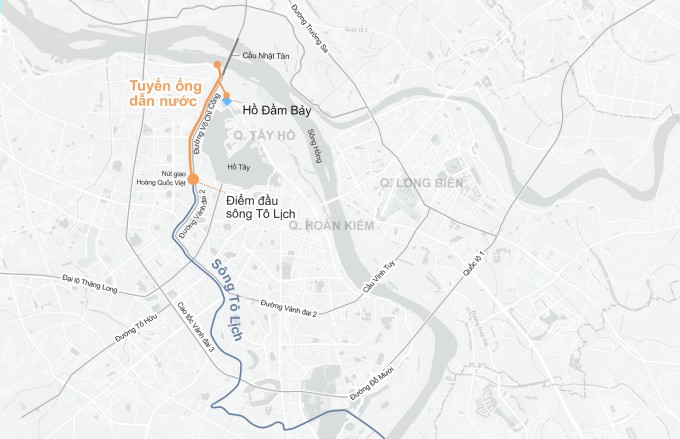 Dự kiến tuyến ống cấp nước đi song song với đường Võ Chí Công. Đồ họa: Hoàng Chương