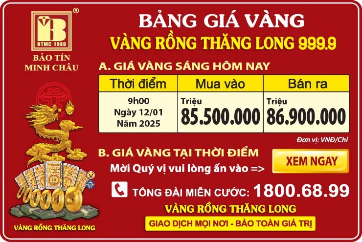 Giá Vàng Rồng Thăng Long- Bảo Tín Minh Châu ngày 12.01.2025