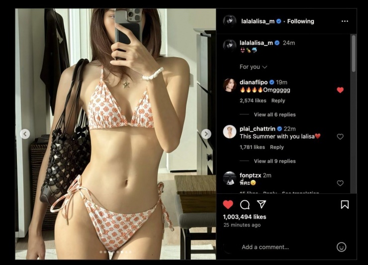 Tấm ảnh Lisa mặc bikini tạo dáng trước gương thu hút hơn một triệu lượt yêu thích chỉ sau 25 phút đăng tải.