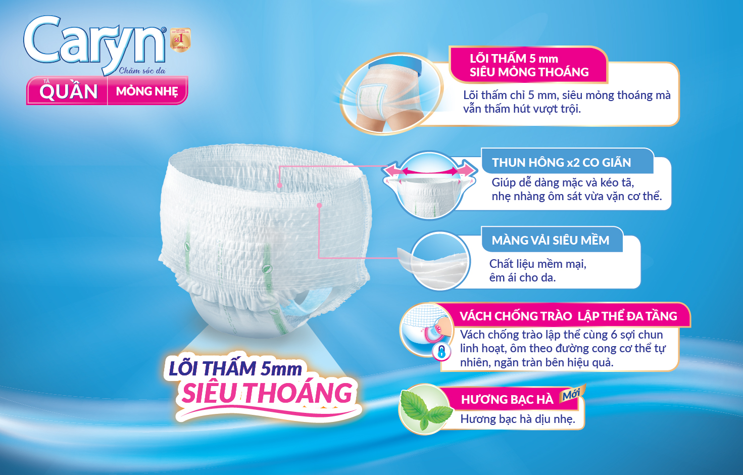 Tã quần Caryn mỏng nhẹ thiết kế với lõi thấm 5mm siêu mỏng thoáng giúp người cao tuổi thoải mái, tự tin vận động cả ngày.