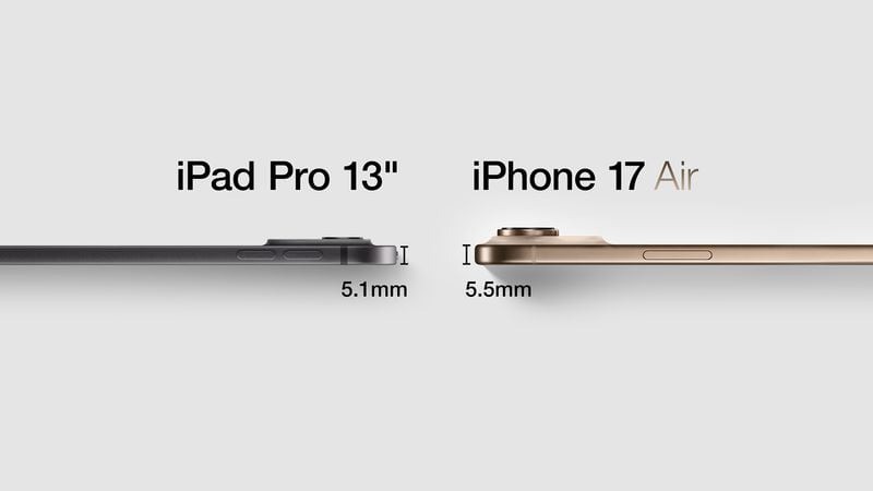 Leaked images compare the thinness of the iPhone 17 Air with the 13-inch iPad Pro.