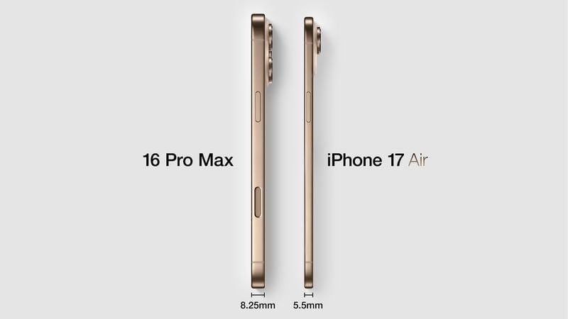 Hình ảnh so sánh độ dày của iPhone 17 Air với iPhone 16 Pro Max.